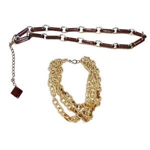 Chunky Link Faux Tortoise Shell And Gold Necklace and Belt Set‎ BOHO Preppy EUC